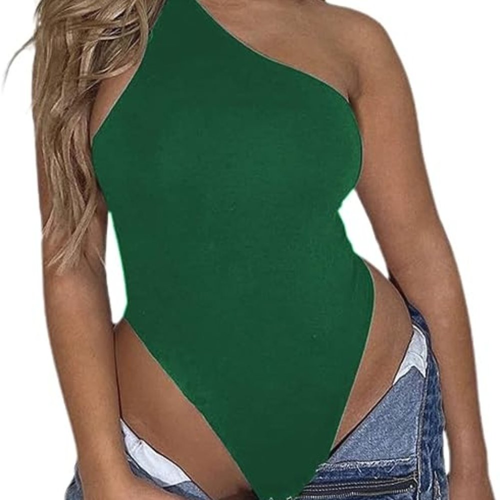 Women's One Shoulder Open Back Cutout Thong Bodysuit Size L Green